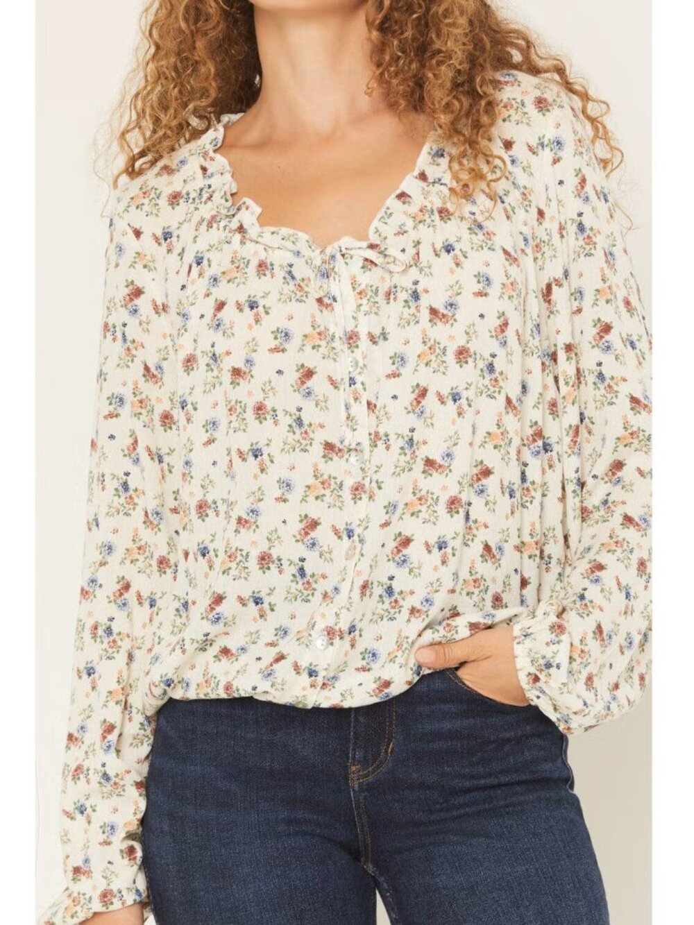 Wild Moss Women's Floral Print Long Sleeve Elastic Hem Peasant Top Size Meduim M